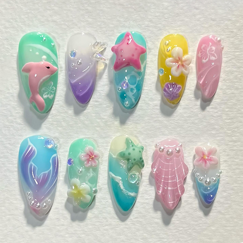 Decorating Tip Set - 30枚入り サマープレスオンネイル 3Dオーシャン スターフィッシュ シェルデコ フェイクネイルチップ