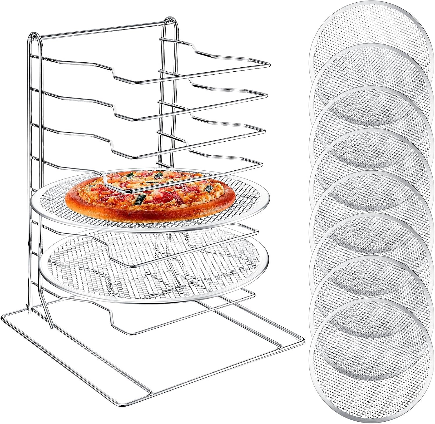 Kitchen Baking Pan - ピザラック 8段スタンド、穴あきアルミ製ベーキングパン8枚付き、業務用ピザ陳列棚、家庭用・レストラン・キッチン用カウンタートップ冷却ラックセット、12インチ