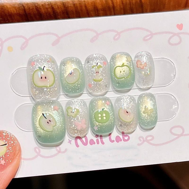 Decorating Tip Set - 10 個手作りかわいい偽ネイルチップショートガールズウェアラブルロマンチックな装飾偽ネイルパッチ取り外し可能なアーモンドプレス爪