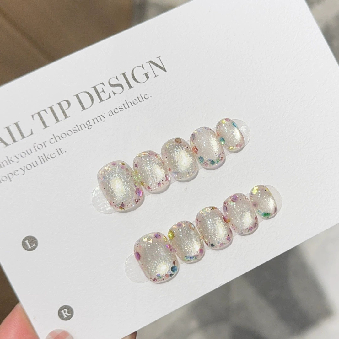Decorating Tip Set - 10枚入り ショートサマー カラフル ジェムストーン フェイクネイル キャッツアイ