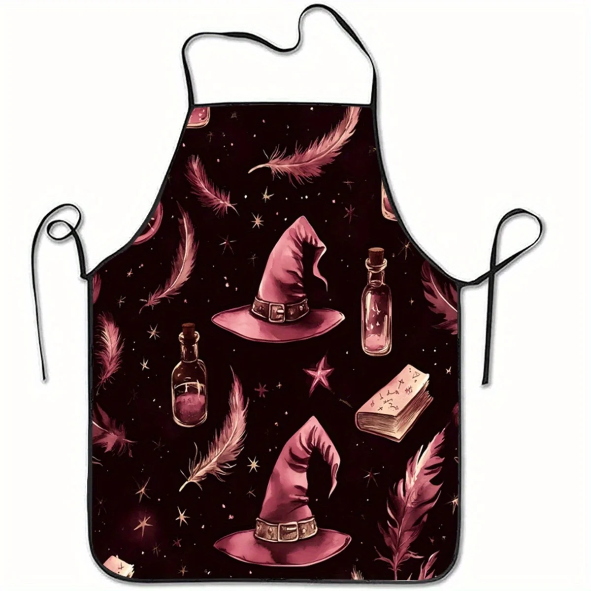 Kitchen Witch Baking - 魔女の帽子と羽根柄のノースリーブエプロン（黒にピンクのアクセント）、丈夫なポリエステル製キッチン/ベーキングエプロン（男女兼用）