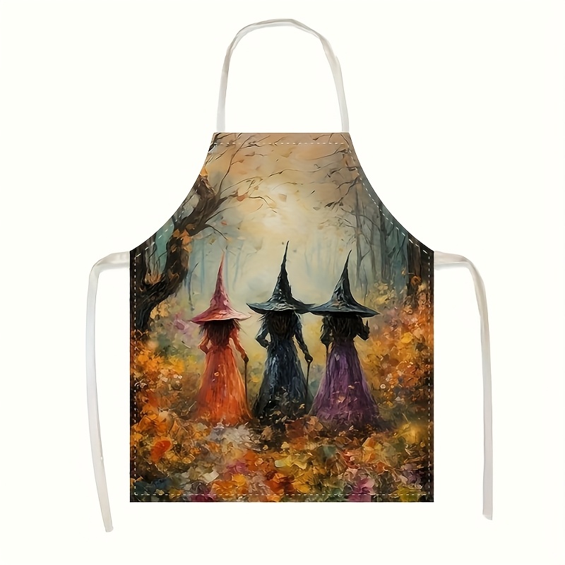 Kitchen Witch Baking - 魔女ハロウィンエプロン女性不気味なキッチン調理ベーキングパーティーリネンコットンピナフォアポケット付き魔法の森プリント女の子用