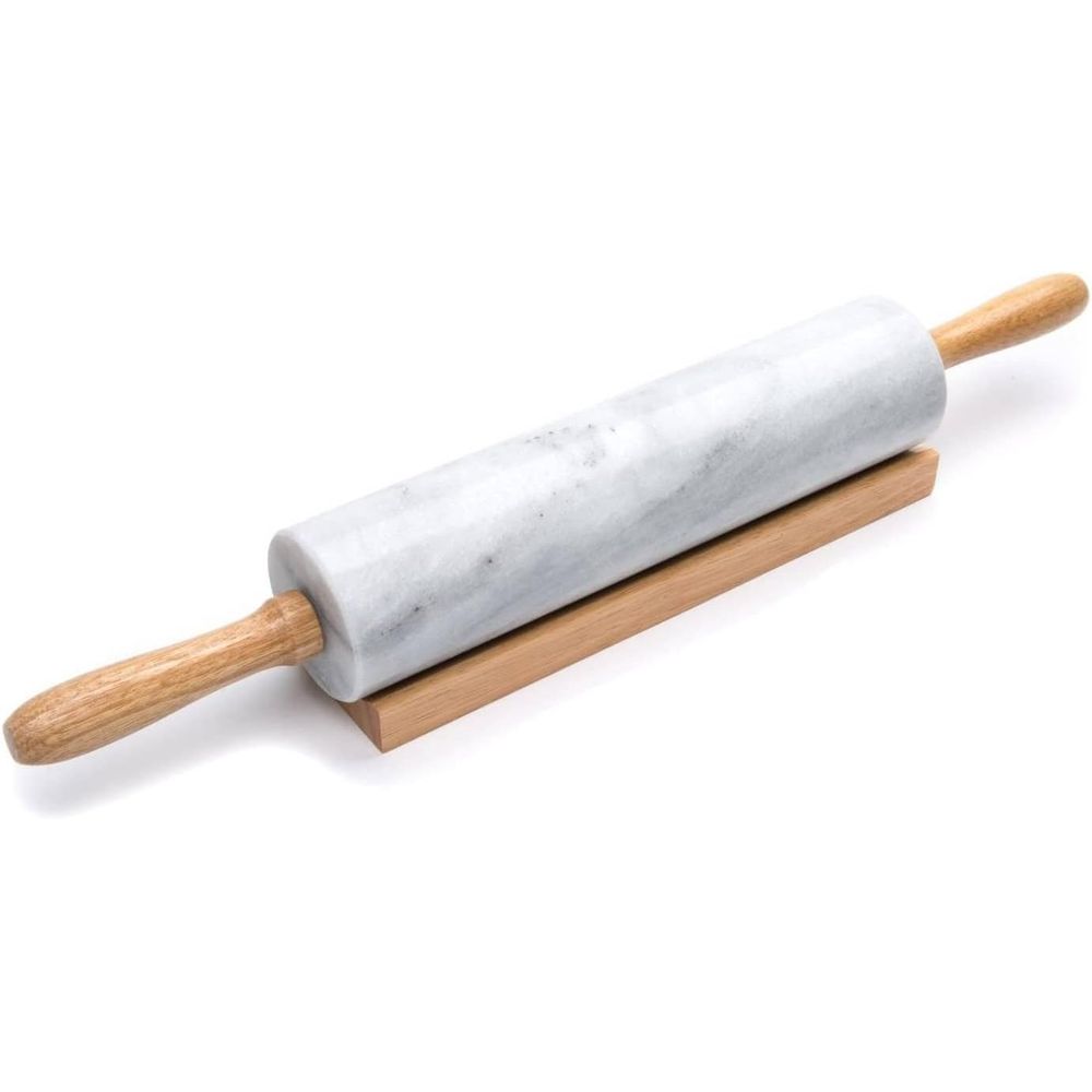 Rolling Pin Marble - 10インチの白い大理石製ローリングピン（木製ホルダー付き）