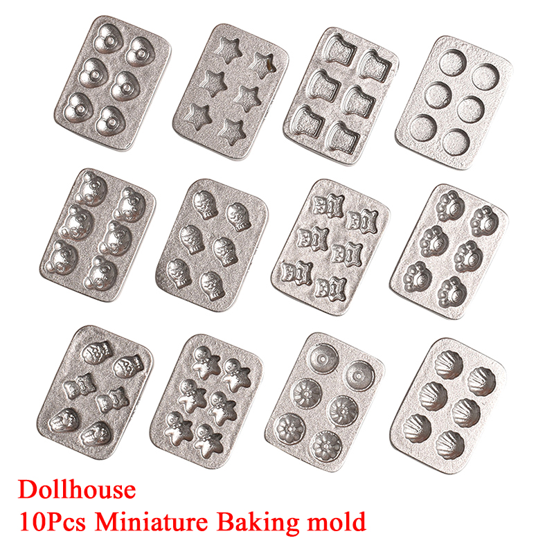 Miniature Baking Kitchen - 10 個ドールハウスミニチュアミニケーキベーキングモールドキッチンシーンミニプレートジンジャーブレッドマンハートベーキングトレイモデル装飾