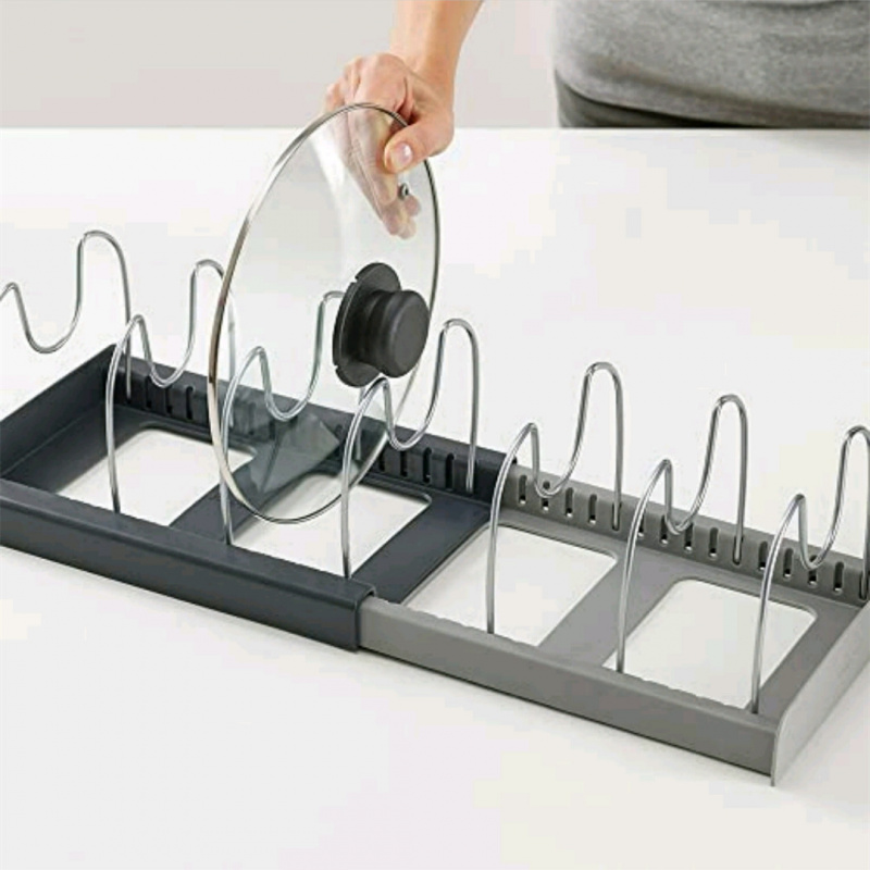 Kitchen Baking Drawer - 調理器具、鍋、フライパン、蓋、ベーキングトレイ用の拡張可能なキッチン引き出しオーガナイザー – 調節可能な鍋蓋ホルダーラック