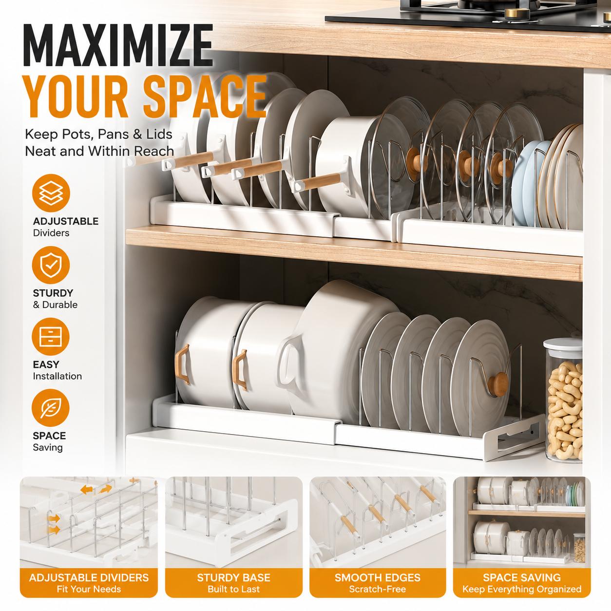 ABS拡張可能な鍋とフライパンオーガナイザーラック、調節可能 - Kitchen Baking Drawer のレビューと価格